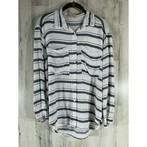 Sofia Made in Italy Button Front Shirt Large Blue Silver Stripe Roll Tab Sleeve